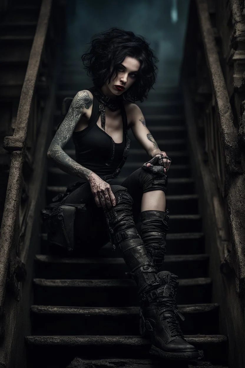 scarred cyberpunk vampire girl with tribal tattoos short curly dark cyberpunk hair descending the staircase in decaying gothic mansion with machine gun in hand at dawn