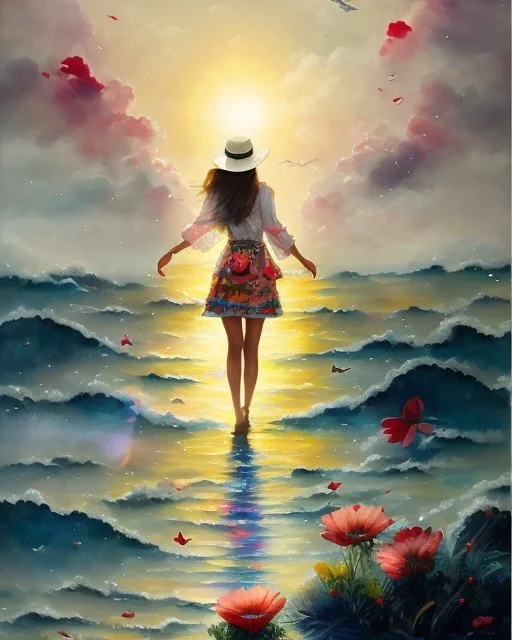 woman floating in ocean sky, heavenly sunshine beams divine bright soft focus holy in the clouds