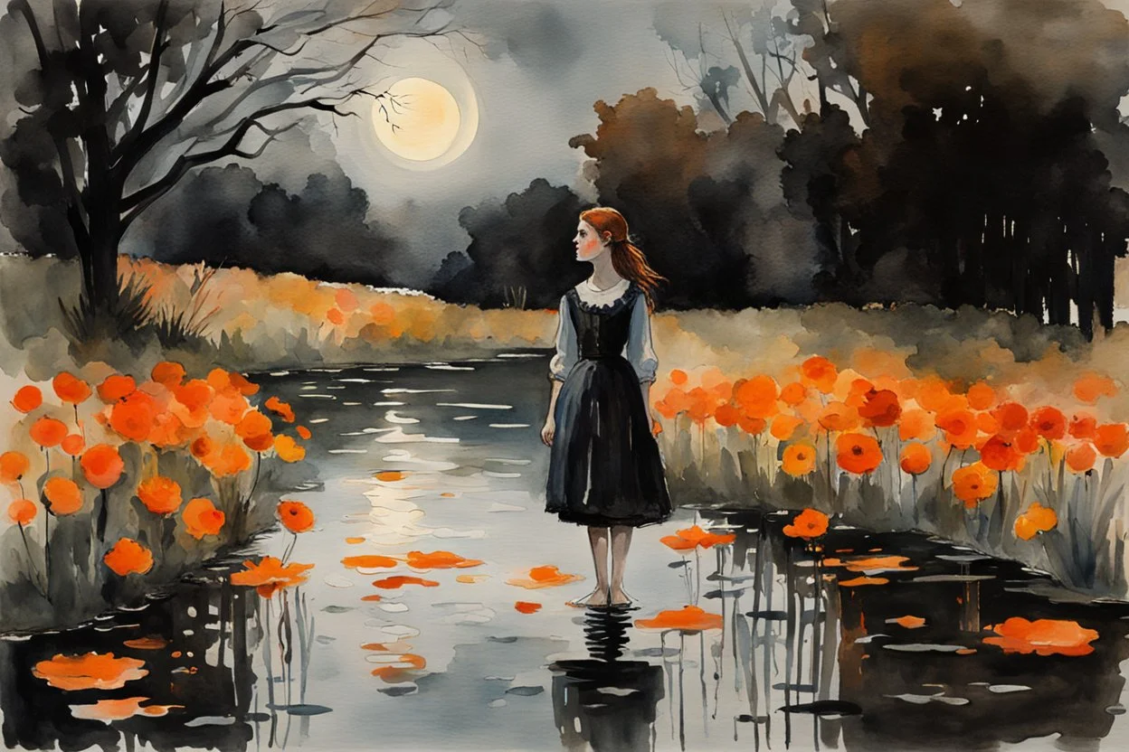 Night, one woman, orange flowers, gothic horror movies influence, puddle, epic, winslow homer watercolor paintings