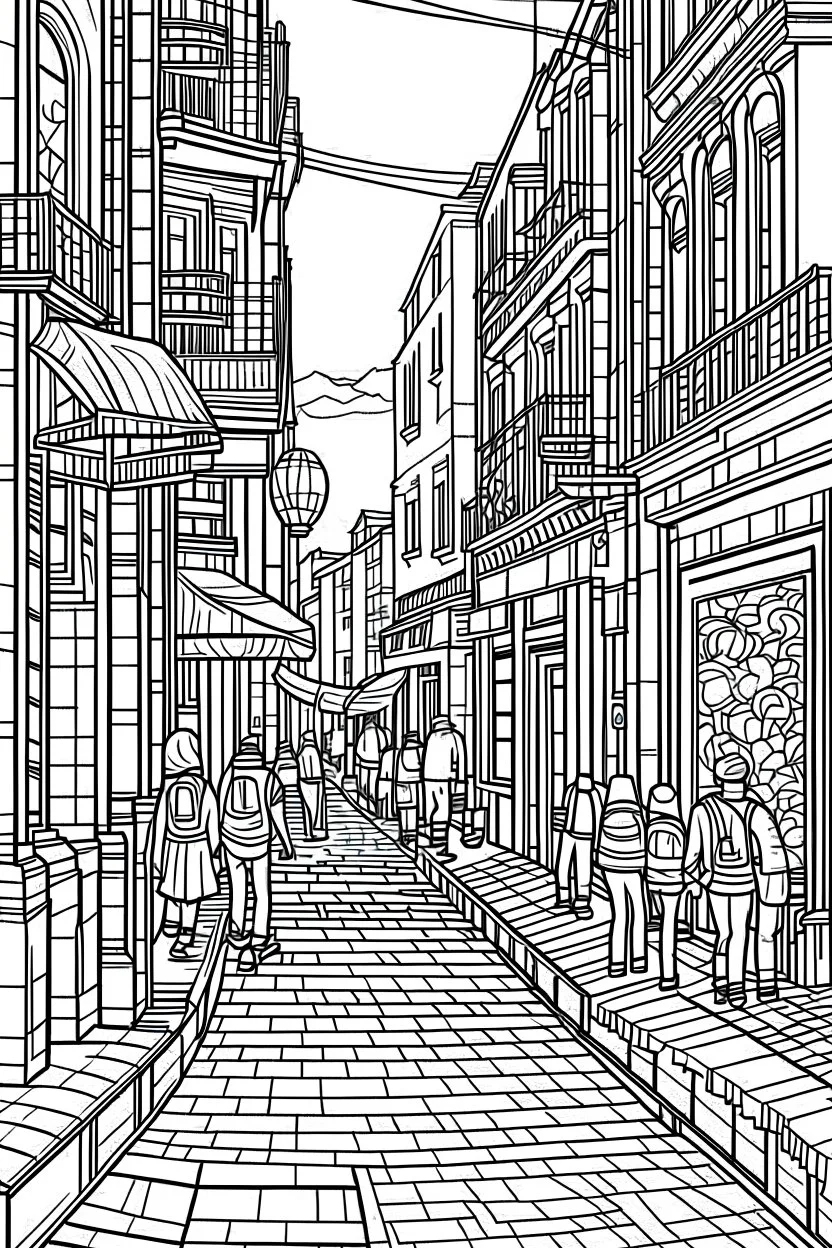 outline art for Street Scenesr coloring pages for adults with Urban City Streets with People , white background, Sketch styl, only use outline. clean line art, no shadows and clear and well outlined, many Patterns and Details