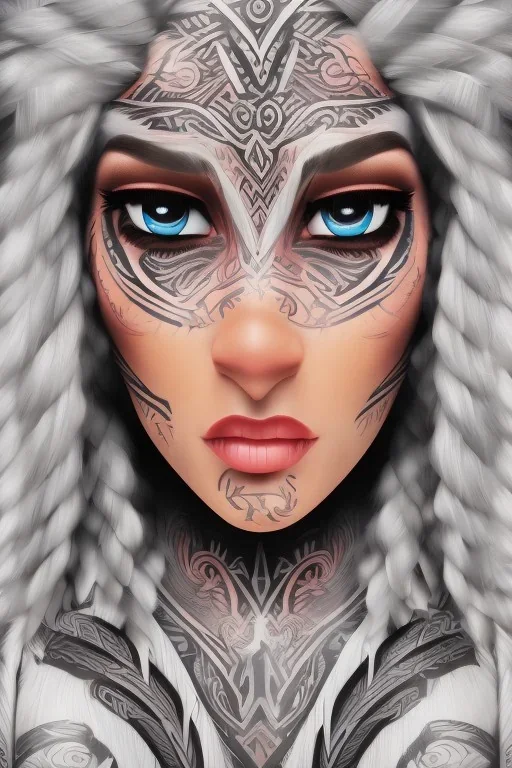  Portrait female Maori Chief iron maiden rainbow Maori tribal tattoos, bow with arrows, full detail, 4k, style of Cosmopolitan negative colors golden hair