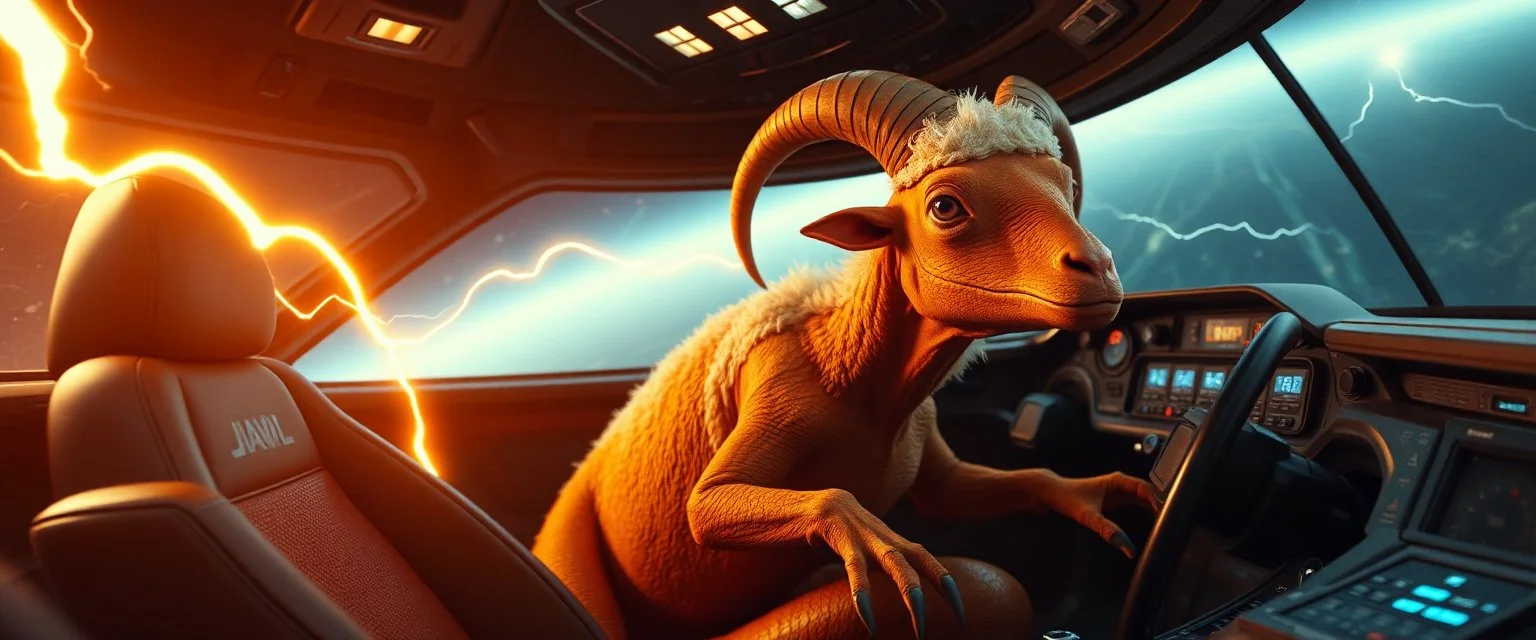 a space sheep in a cockpit with no hair or wool, and orange lizard like skin, running crazy like a dino, dropping lightening like thor