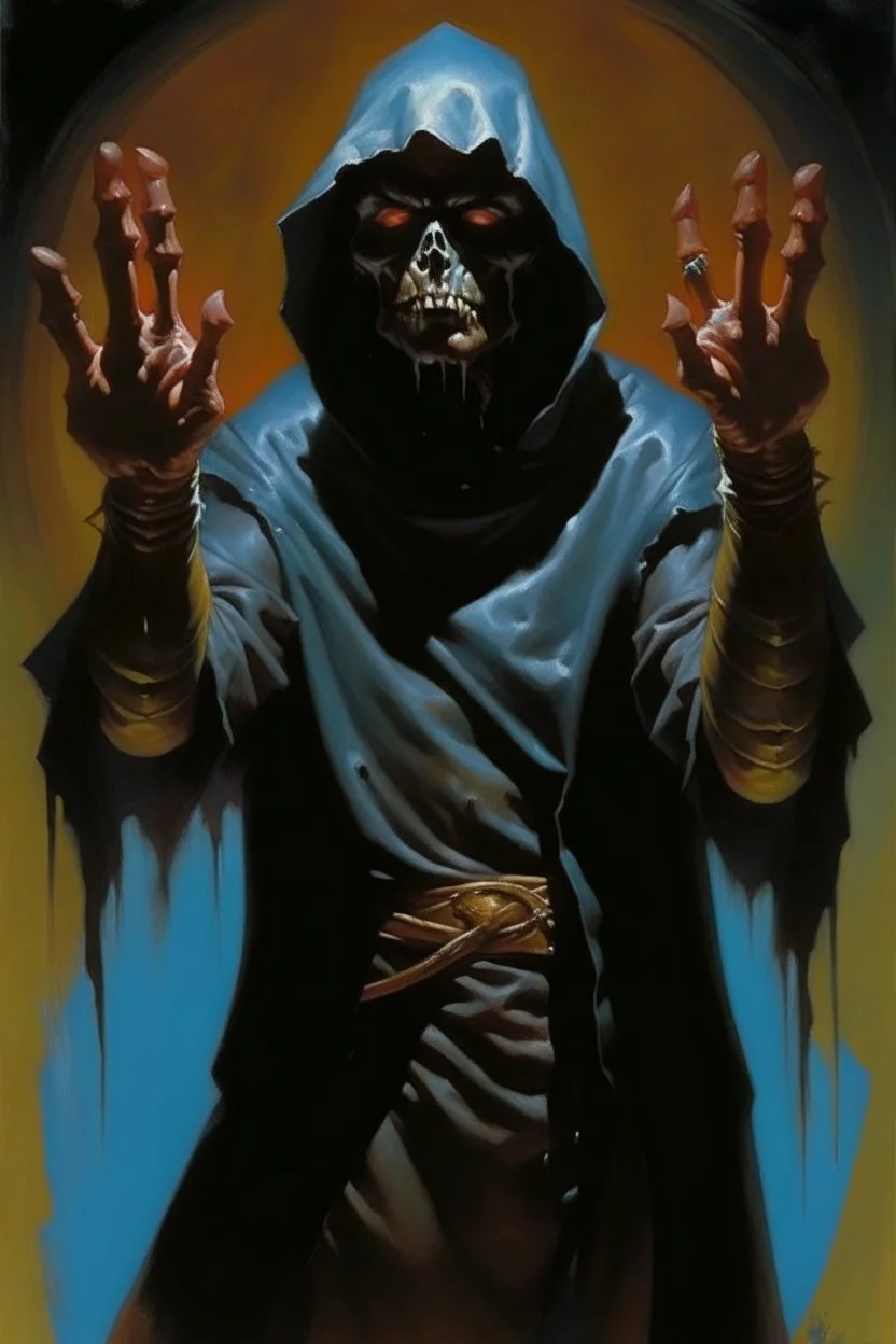 1970's dark fantasy cover dnd style oil painting of a medieval human far genius with black hands claws in horror sport outfits with minimalist far perspective. Magazine.