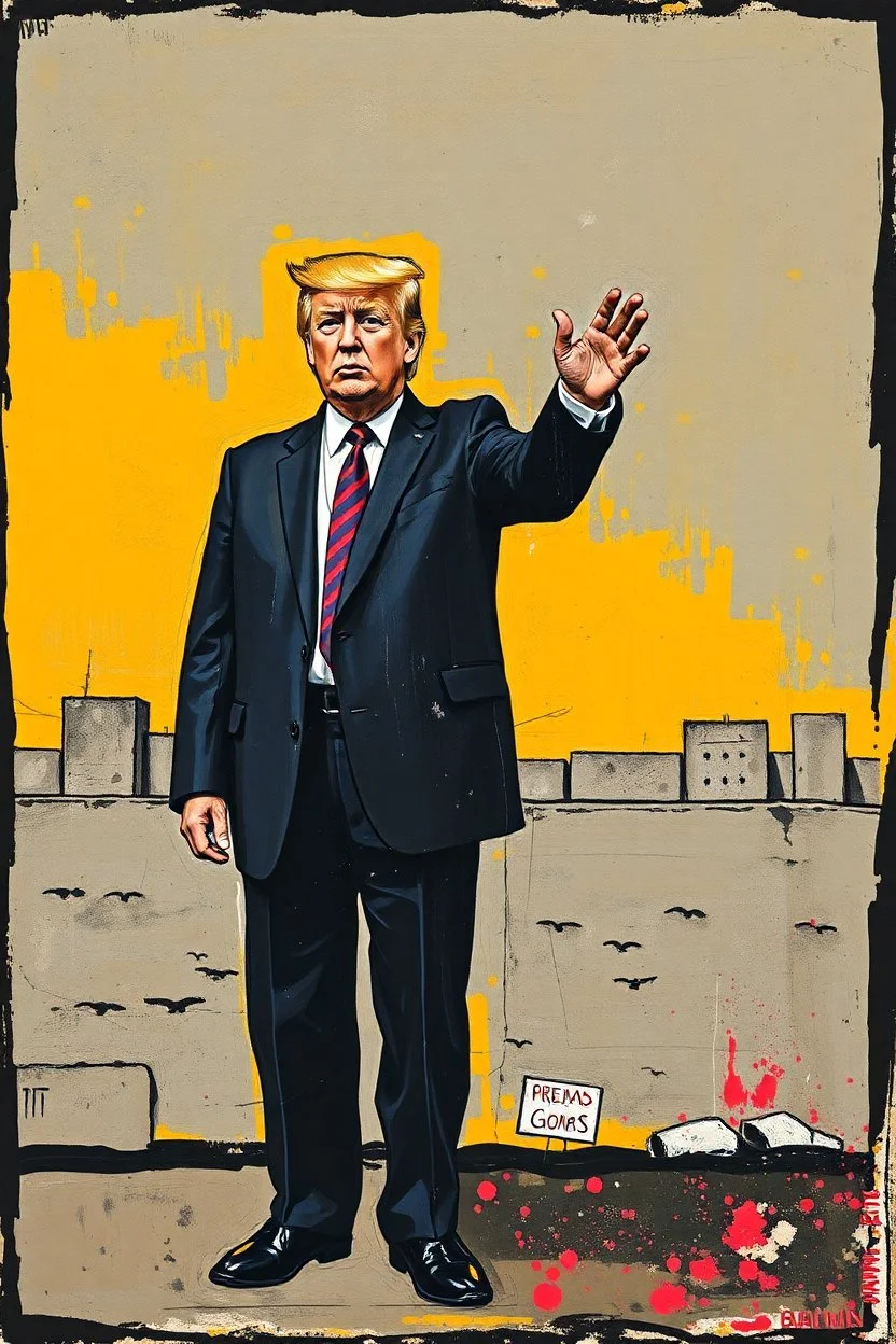 trump standing in gaza in the style of basqiat