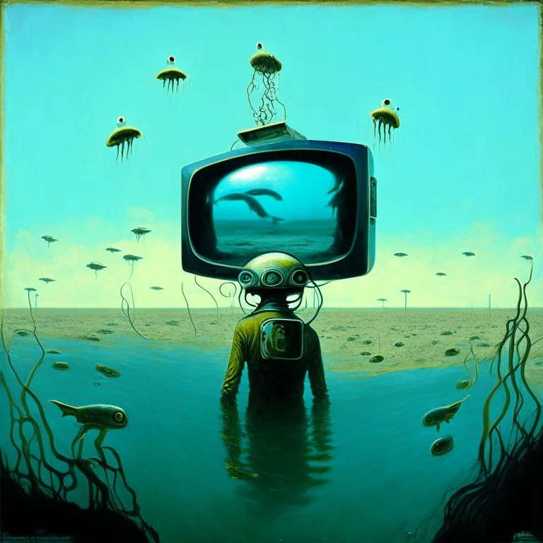 High concept art, style of Salvador Dali aesthetic, matte oil painting on canvas, in an empty field a deep-sea diver who has a television screen on his helmet broadcasting a picture of a school of eels with human heads, sinister, concept art, oddball masterpiece, sfumato, complex contrast