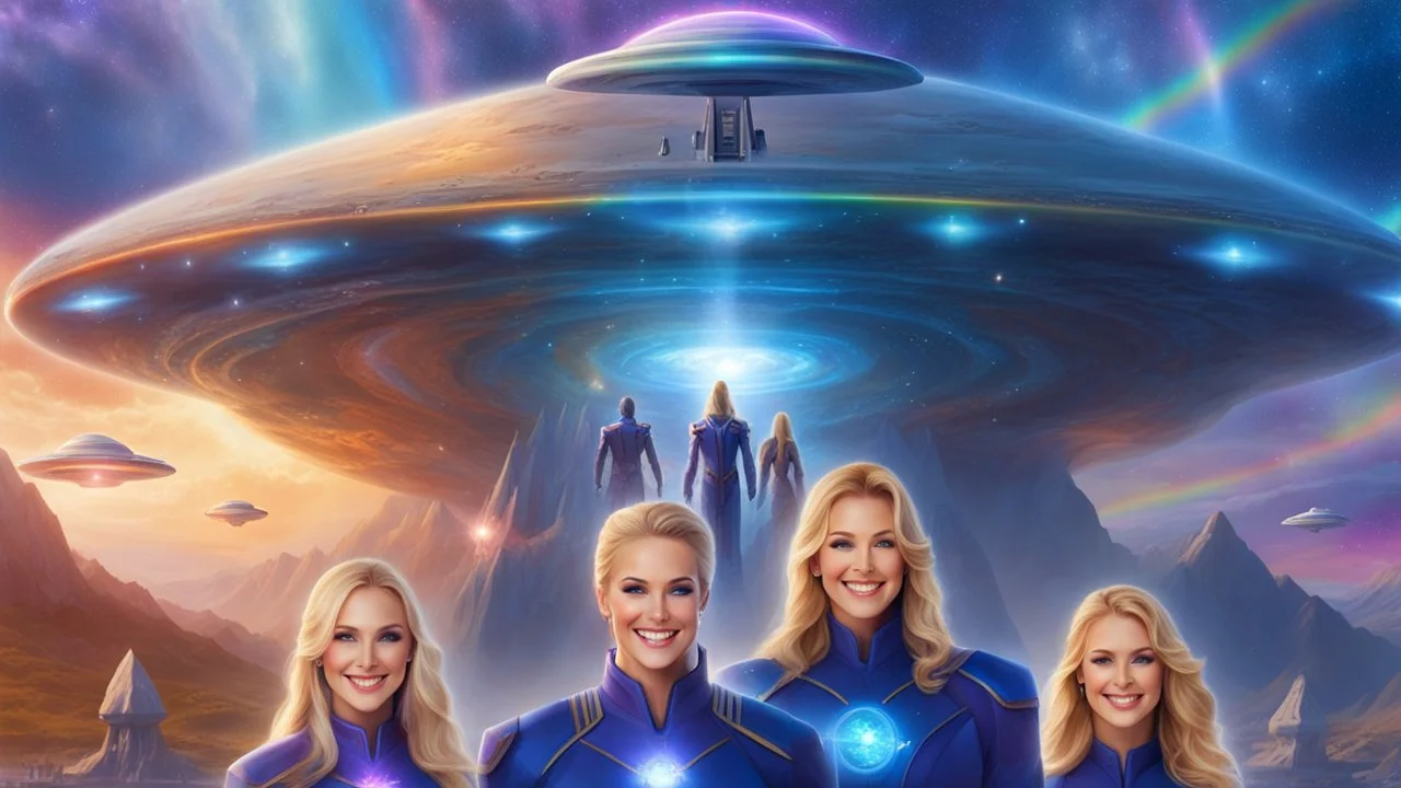 ufos rainbows,beautifuls paysages, fantastic colours,cosmic woman ,beautiful ufos rainbow, admiral from the future, galactic confédération, fine whole face, crystalline skin, expressive purple eyes,rainbow, smiling lips, very nice smile, costume pleiadian, Beautiful tall woman pleiadian Galactic commander, ship, perfect datailed golden galactic suit, high rank, long blond hair, hand whit five perfect detailed finger, amazing big puple eyes, mouth, high définition lips, cosmic happiness, bright