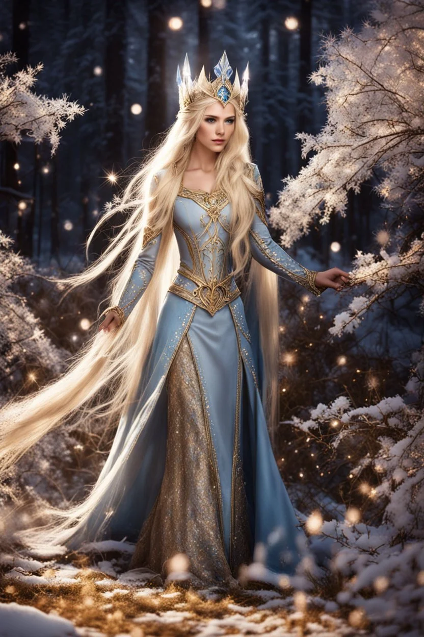 Elven princess,elven crown,long white blonde golden hair,rapunzel hair,ice flowers,beautiful,light blue,dark blue,golden armor,sparkle,glitter,ice flowers,snow,elven ears,dark fairy princess