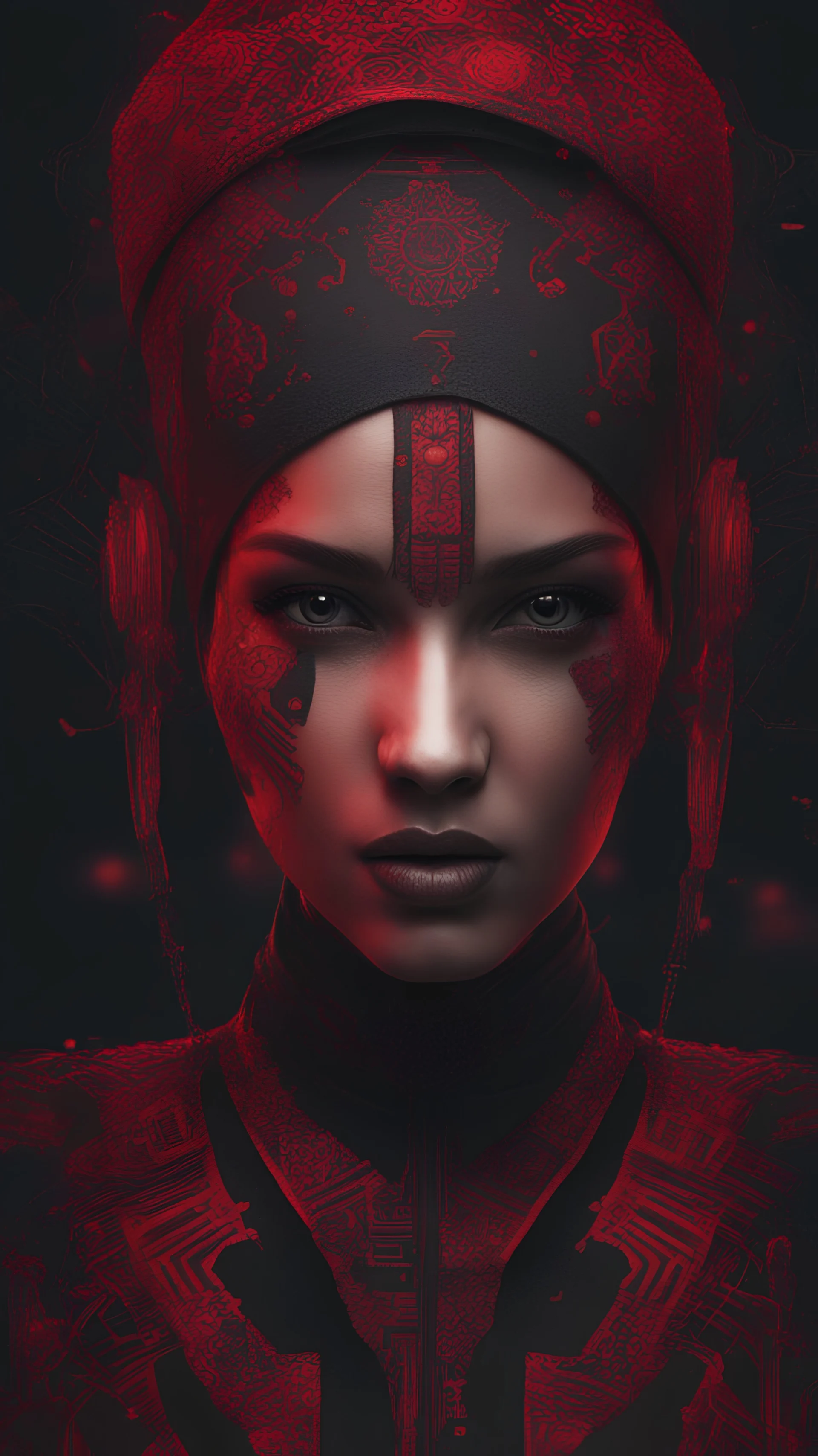 cyberpunk woman character in style of Warli painting red to black, darkmood, surreal, bizarre, high textures, hyper sharp, 8k resolution, artistic, real life, lifelike, hyper realistic, super detailed, realistic, dark background