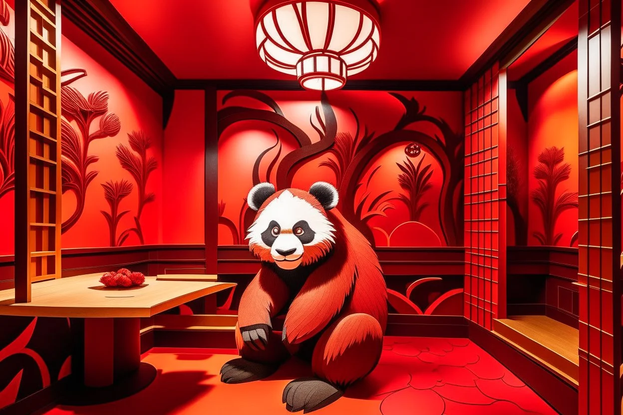 A dark orangish red fiery panda restaurant designed in Chinese paper art