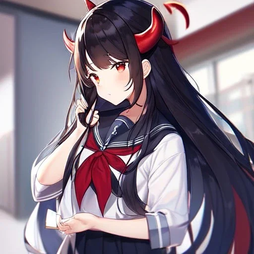 Clear focus,High resolution, Black long hair, Red eyes, Red horns, Wearing a sailor uniform, Holding her hair, Sighing