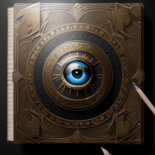 an ancient ornate intricate old tome spell book with the sigil symbol of an eye emblazoned on the cover, cinematic, realistic, intricate detail, finely detailed, small details, extra detail, photorealistic, high resolution, 3D, PBR, path tracing, volumetric lighting, octane render, arnold render, 8k