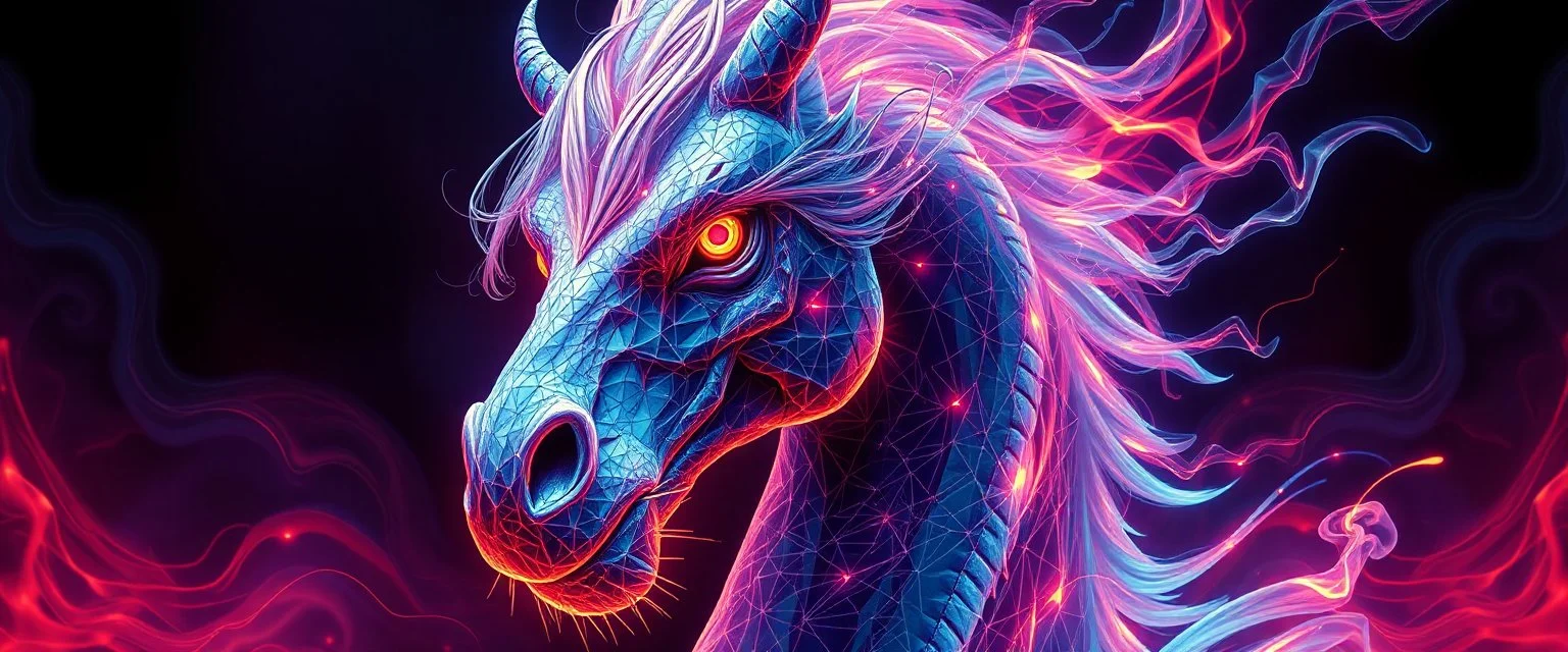 close up portrait of a plasma vampire flickers like hypnotic fire in geometric shapes like a dna swirl of time and a fearsome fluffy dragon horse in the style of Escher