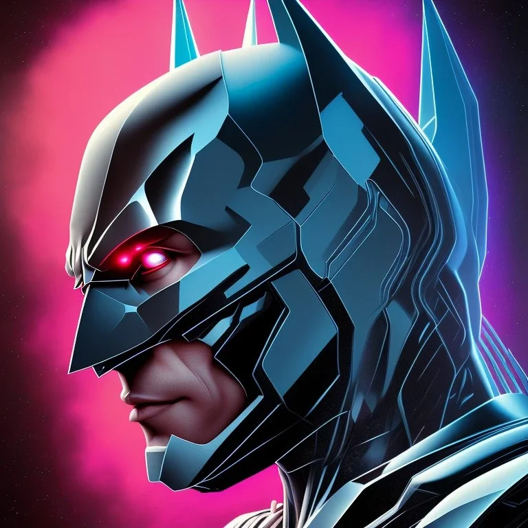 In a futuristic art gallery, a digital artwork of Batman's head captures the attention of all who pass by. The image is rendered in bold, vibrant colors and intricate details, creating a striking visual impact that is perfect for merchandise such as t-shirts and mugs. The image shows a close-up of Batman's head and face, with the iconic cowl and bat emblem prominently displayed. The image is set against a plain fluorescent background, adding a pop of color and a futuristic aesthetic to the piece