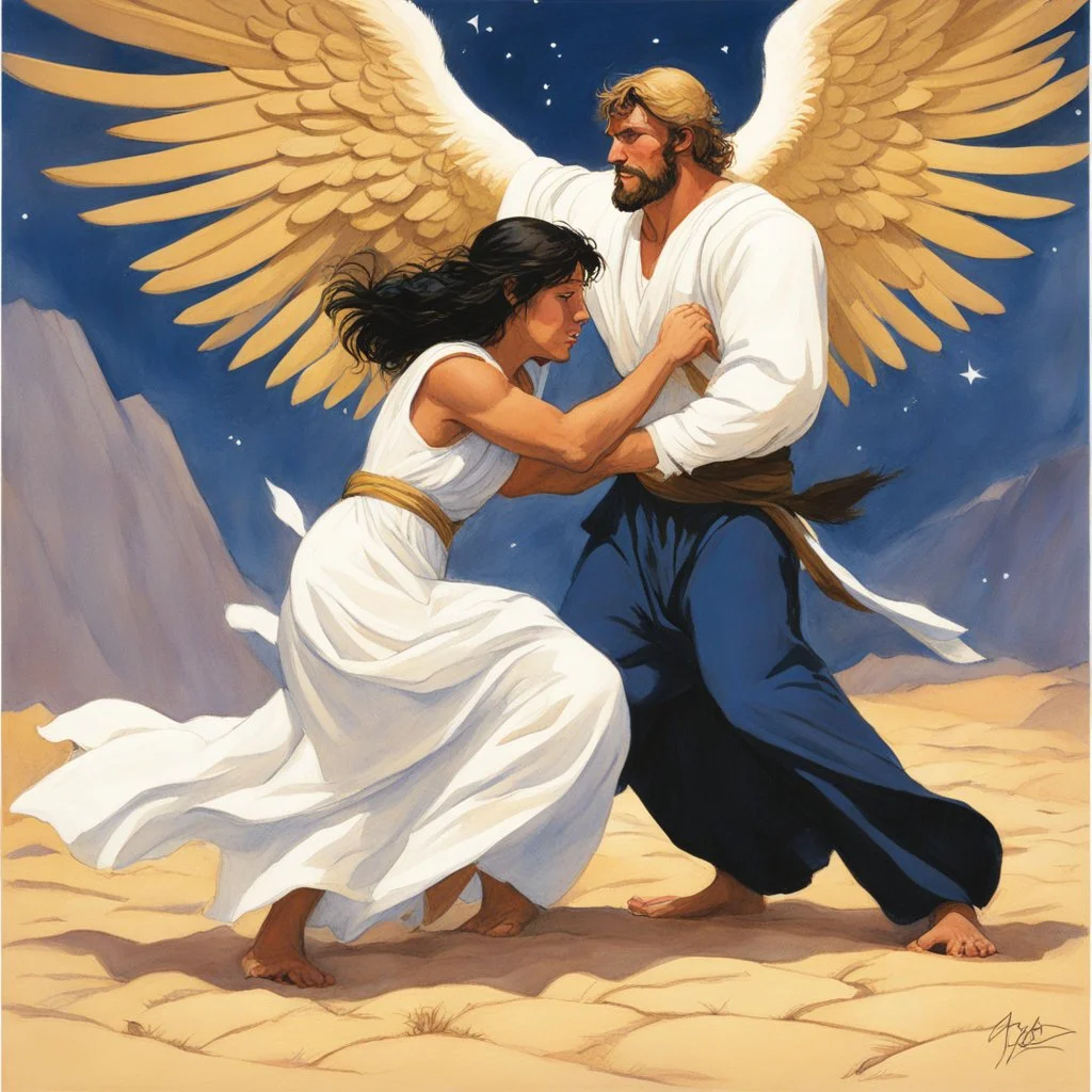 [illustration by Angus McBride] Jacob wrestling with angel