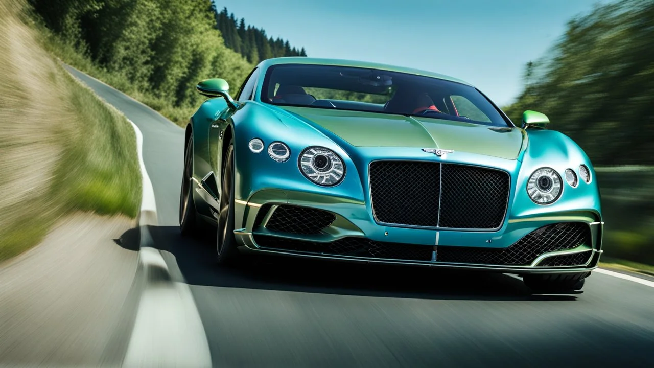 A sleek with livery (((luxury hypercar bentley))), its contours and details perfectly captured in a (((cinematic view))), zipping along a winding road under a beautiful blue fresh morning sky, rear view
