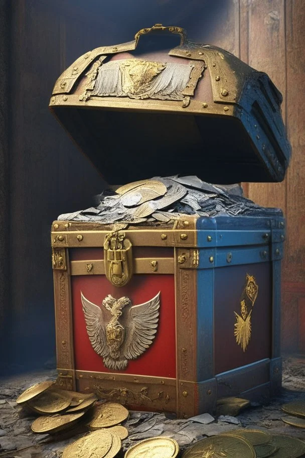 in a LARGE BASEMENT, half-buried in the earth, an ancient, worn-out, worn-out, torn-side valise peeks out, from which gold coins from the time of Catherine the Great fall out. The ancient coat of arms of Russia, the double-headed eagle, is BARELY VISIBLE on the bag. There are a lot of broken bricks and earth around the bag. All in high quality 8K