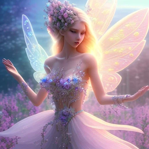 one big crystal subtle flower in a galactic ambiance with a beautiful girl fairy, transparent petals, delicate colors, in the foreground, full of details, smooth，soft, shine light atmosphere, light effect，vaporwave colorful, concept art, smooth, extremely sharp detail, finely tuned detail, ultra high 3d depth, definition,incrate detail, 8 k, unreal engine 5, ultra sharp focus