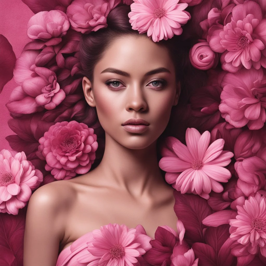 Hyper Realistic women-empowerment with pink-flowers & maroon-pink-textured background