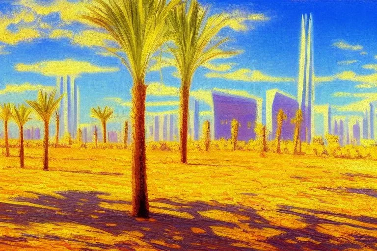 Sunny spring day, Futuristic buildings near the desert, impressionism painting