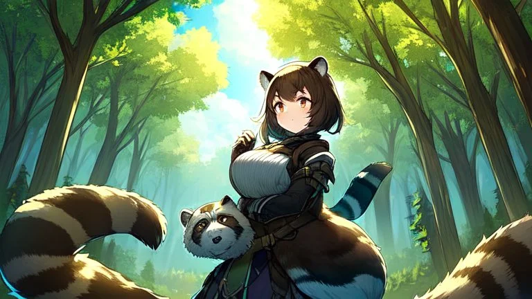 Girl transforming into racoon, forest, girl look like a raccoon