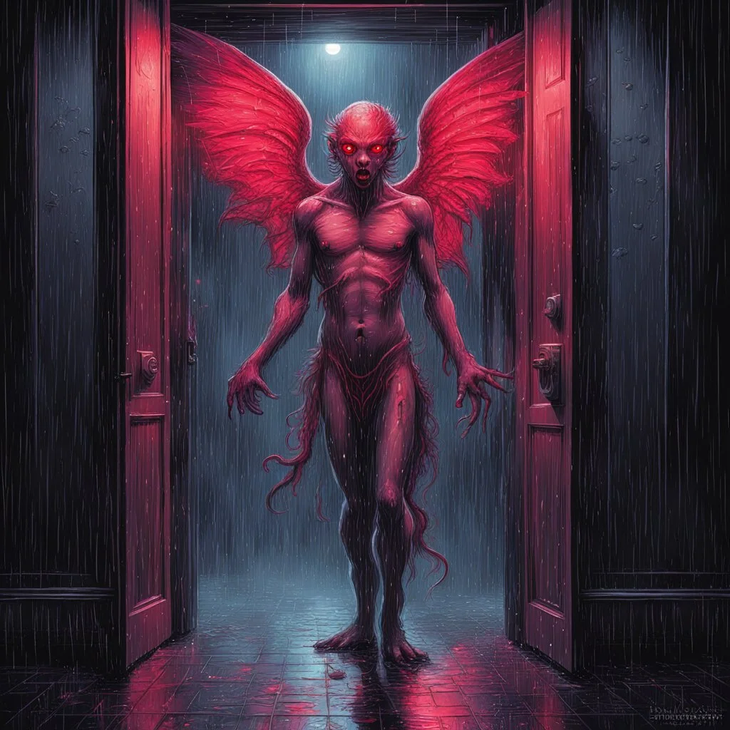 Sinister glowing red eyed Lovecraftian cupid standing in the threshold of an open door at midnight in the pouring rain,", dramatic horror, intricately detailed, realism; incredible composition; dynamic lighting; meticulously composed concept art, masterpiece, cell-shaded, Volumetric lighting, blacklight eerie pastel color ink illustration, creepy, Eldritch, opulent shadows, by Stephen Gammell and Colin McCahon, moody, macabre