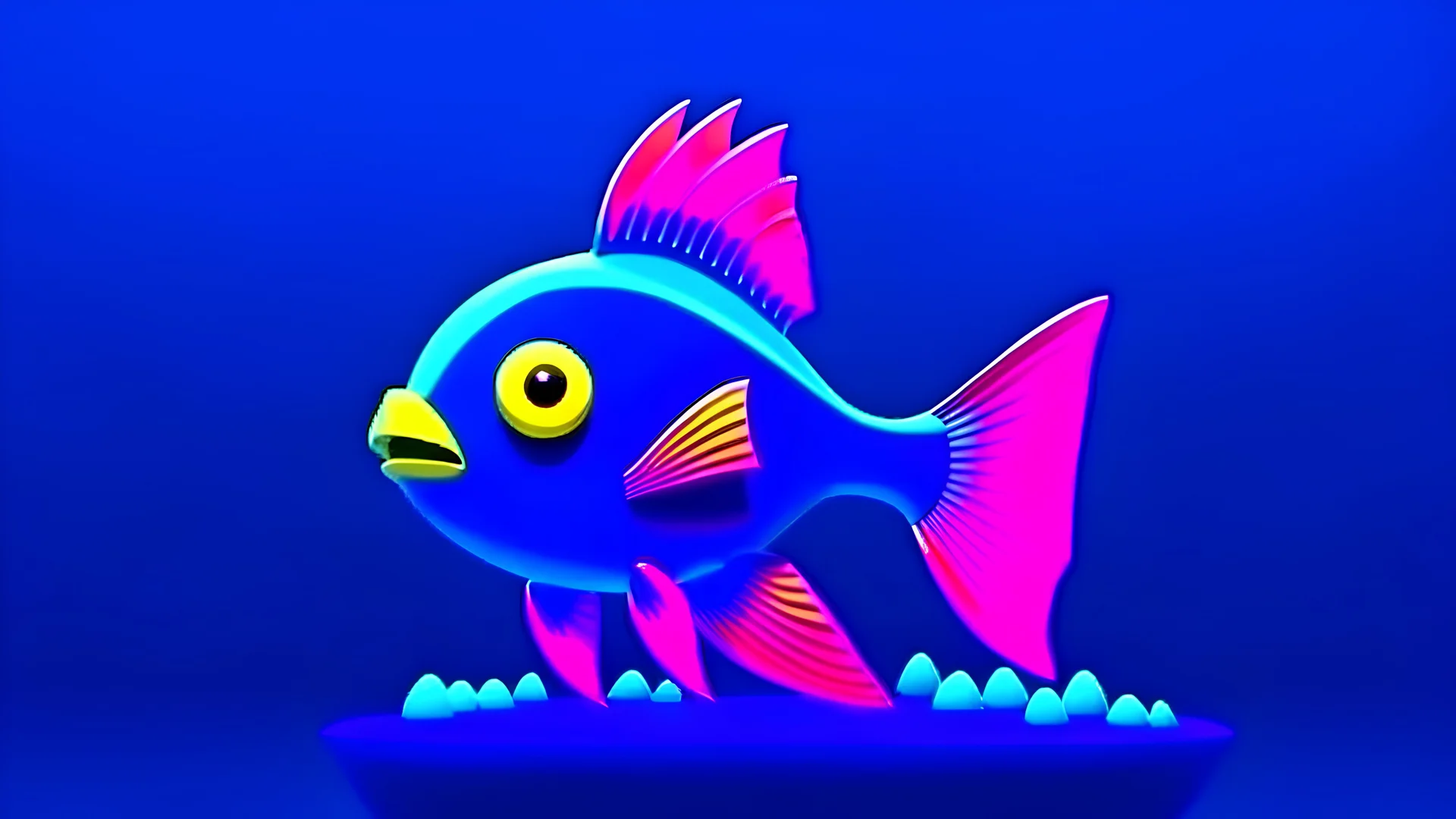 3D render of a cute tropical fish in an aquarium on a dark blue background, digital art, cartoon style