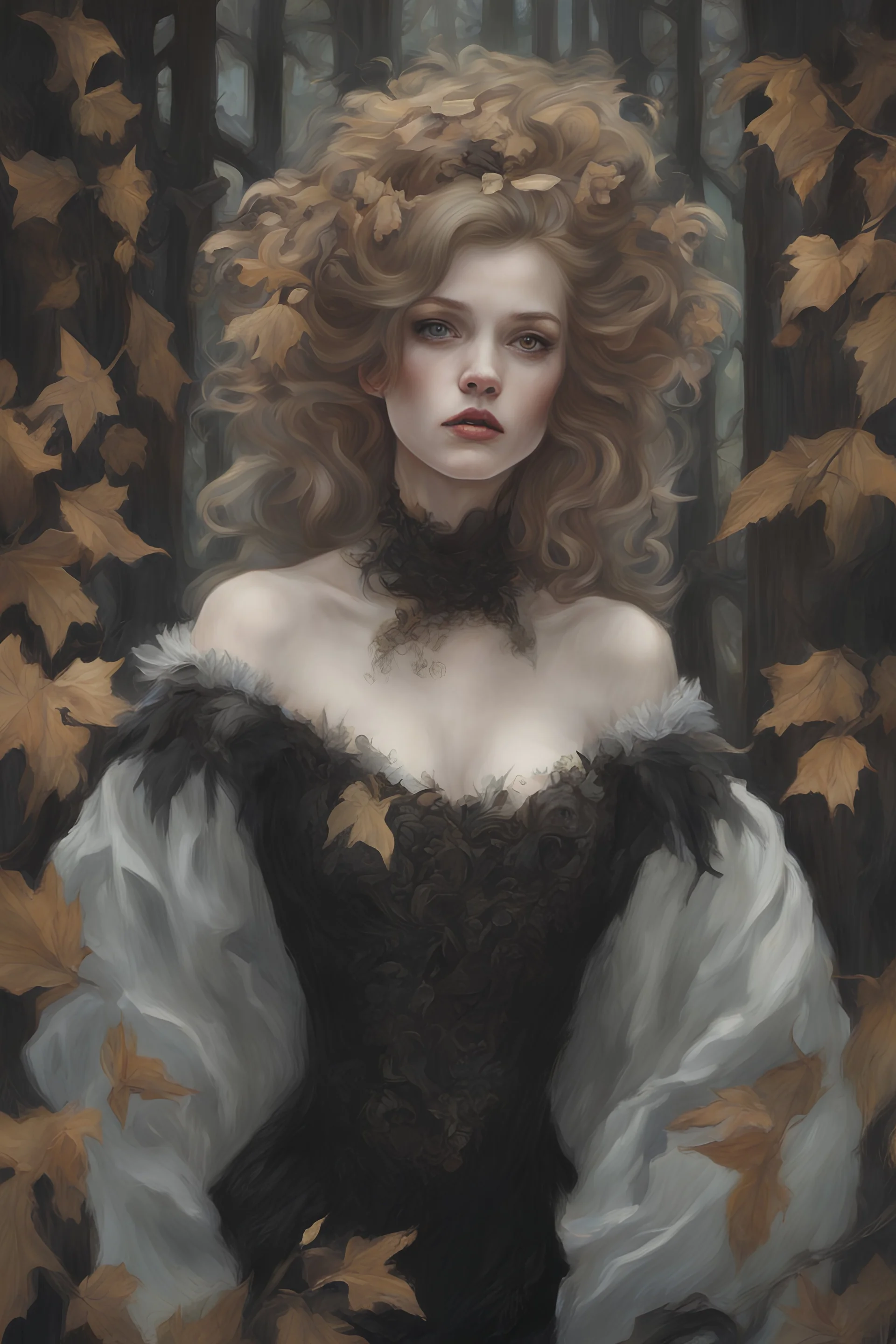 Upon a frosty time in the dark forest Alexandra "Sasha" Aleksejevna Luss oil paiting by artgerm Gustav Klimt style All of my worst fears whisper in the dark I scream at the mirror, not to believe them