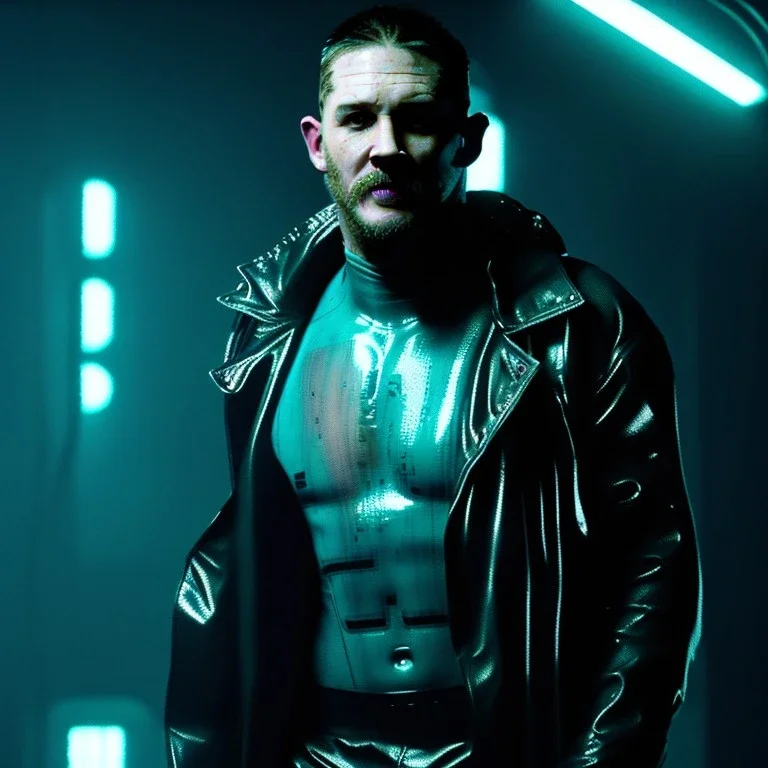 Actor, tom hardy, blade runner style, rain, fog, neon ambient, gradient color, clean skin, circuits, latex coat, cyber punk, neon, tubes, portrait, studio photo, unreal engine 5, smooth color, 16 bit, god lights, ray tracing, RTX, lumen lighting, ultra deatail, volumetric lighting, 3d, finely drawn, hd.