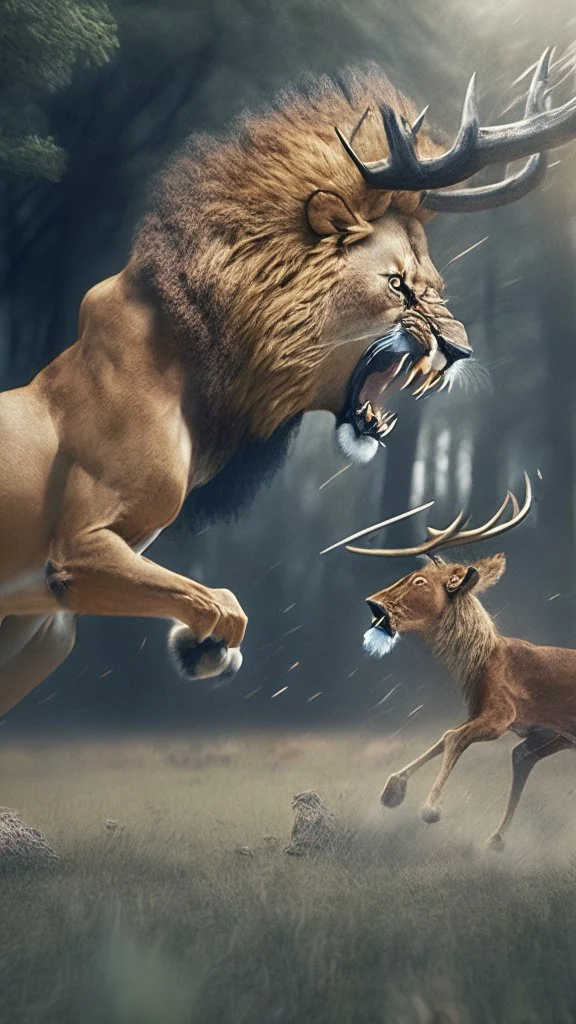 A lion attacking a deer, a realistic picture, a cinematic scene, more accuratehdr 8k