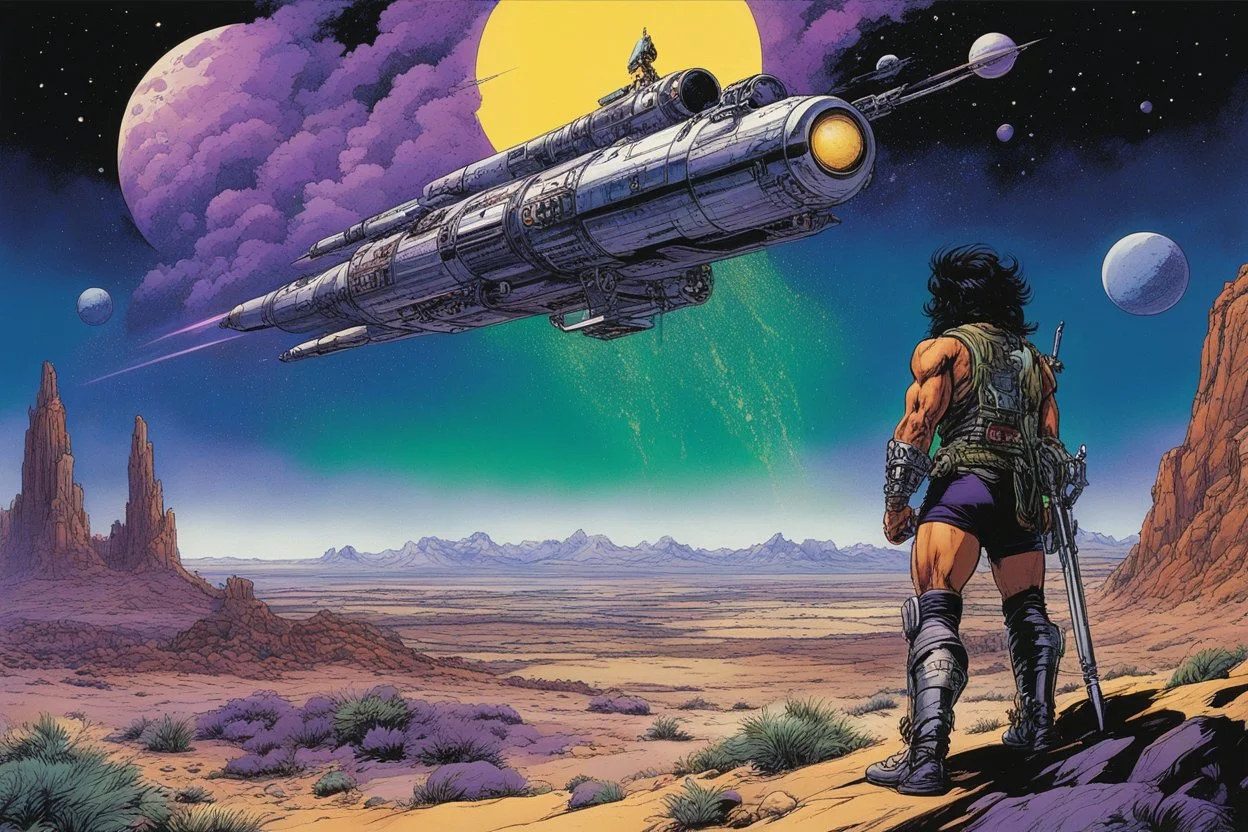 (in the style of Orion, by Masamune Shirow) ((heavy metal / metal hurlant: psychedelic) In a desert landscape straight out of a paranoid 1970s underground comic, under a sky pulsating with impossible green and purple cosmic dust, Cheech and Chong are captured by a lens smeared with hallucinatory residue, building a rocket. This is not NASA. This is their rocket. It's constructed from salvaged metal drums, rusty chrome, countless 'UP IN SMOKE' signs, empty bong bowls, and a nose cone made from a