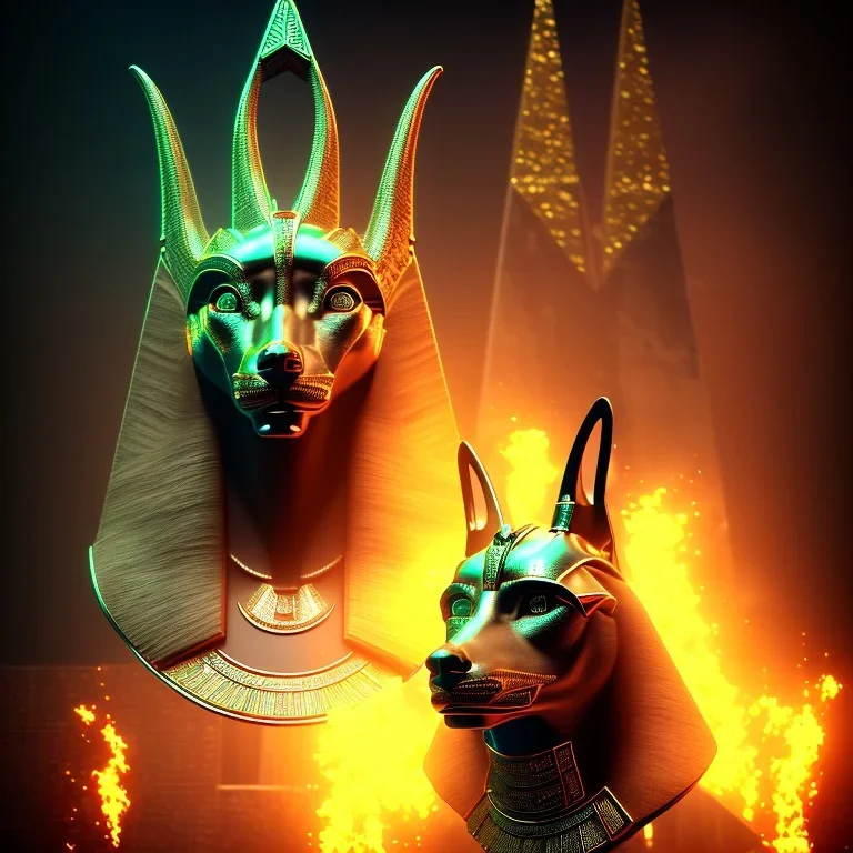 A portrait post-apocalypse of Jackal Egyptian God Anubis ,in a sin city pyramid, sci-fi fantasy style, volumetric lighting, particales,highly detailed,cinamatic,8k,3D,fire and black deep colours,ignore NSFW.