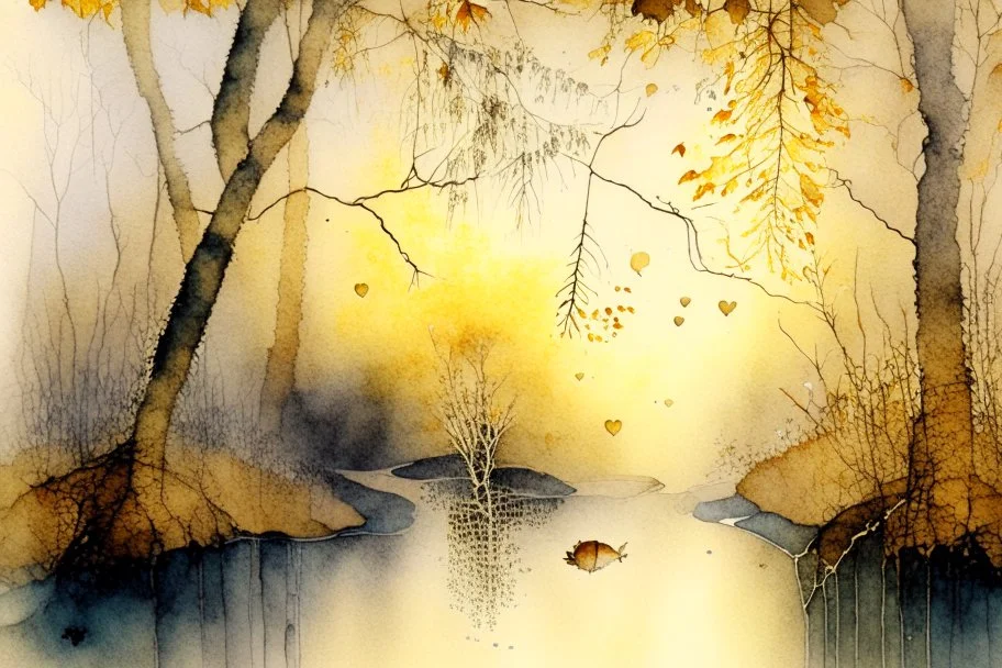 Double exposure, Autumn colours, leaves, chestnut, golden lights, Heart and love: Double exposure burlap, battery corrosion, golden patina, Sunrise on a misty morning. over a misty pond in the hieght of fall.Watercolour by Alison Brady. Pastel colours, waterfall, in ochre Arthur Rackham Gothic Watercolour Jean-Baptiste Monge Ernst Haeckel Minimalist Kay Sage watercolour art