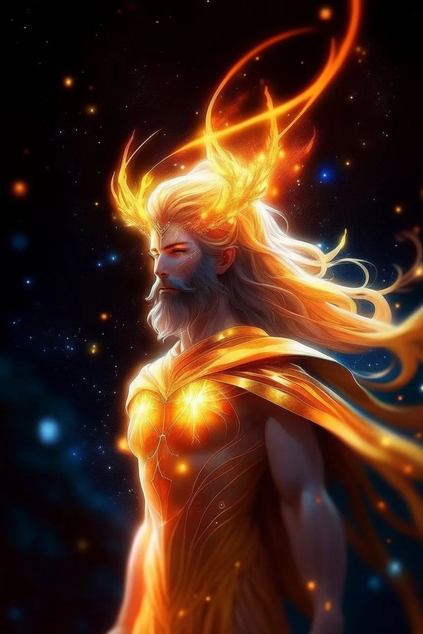 prismatic hair ethereal transparent prism astral projection Eladrin Male antlers druid beard sparkling radiance prismatic shining starlight enshrouded glowing hot sunlight warm orange