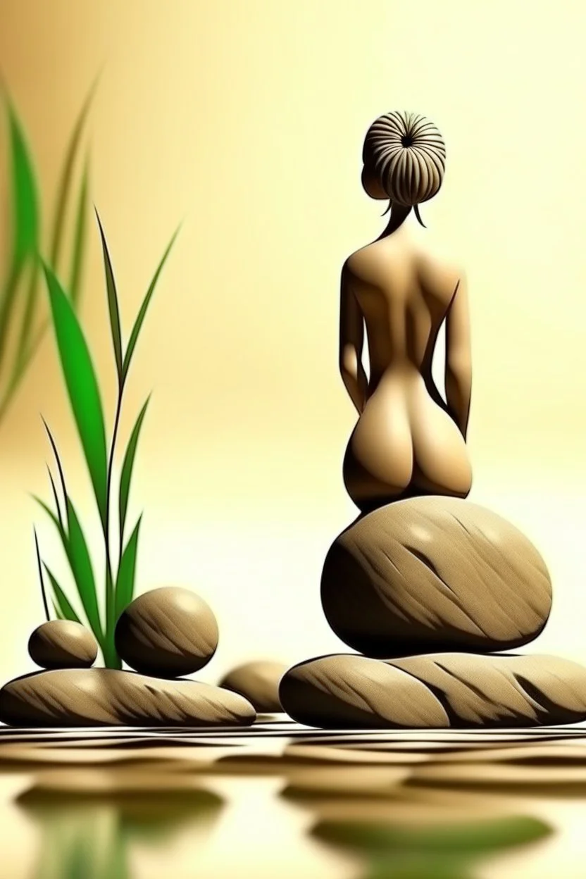 delicate background with spa stones and a bamboo stem, on a blurred background on the stones the silhouette of a flexible girl, photorealistic photo