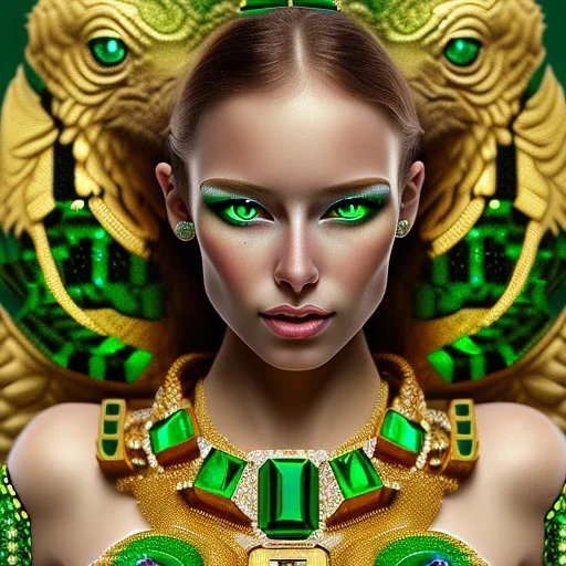 fullbody portrait of beautiful booty young busty atletic amazon woman with big green emerald eyes crying gold with big emeralds necklace by Gustav Klimt 8k