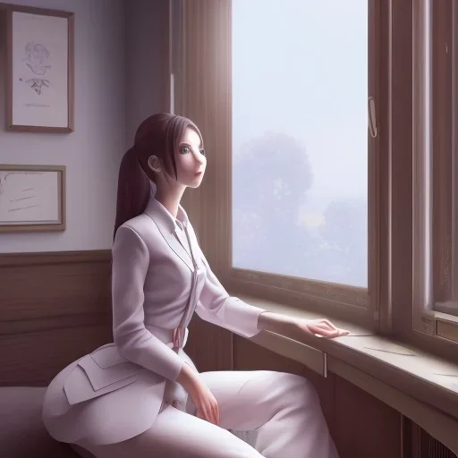 Anime, female student studying under window, studying lesson, perfect face, cool face, ultra detail, unreal engine 5, cinema4d, sun light, studio lighting --ar 1:1 --v 4