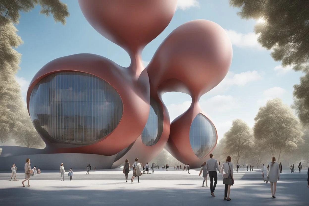 3D representation of architectural wonder, with a concrete design and matte reddish glass that contrasts with the light blue sky, emphasizing organic movement. Its design represents an ant with a bulbous tail and membrane wings with solar panels, its tail is made of concrete and glass. It stands out from pedestrians, creating a sense of scale. In open space, its use is a public place and as a great viewpoint in the mountains Combination of practicality and artistic expression in architecture