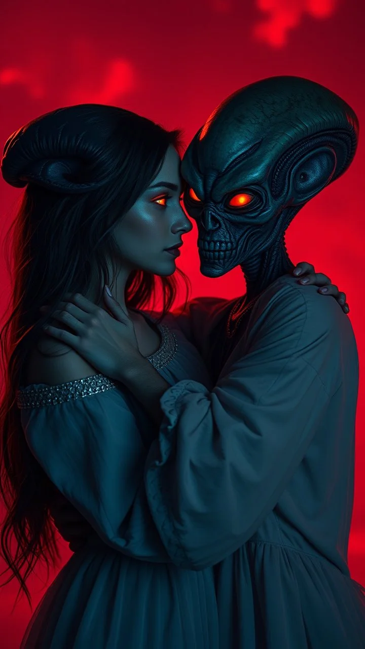 A beautiful girl hugging an ugly alien with glowing eyes in , they looks to each other with romantic themes background is a vivid red sky, and the lighting creates a dramatic and otherworldly atmosphere