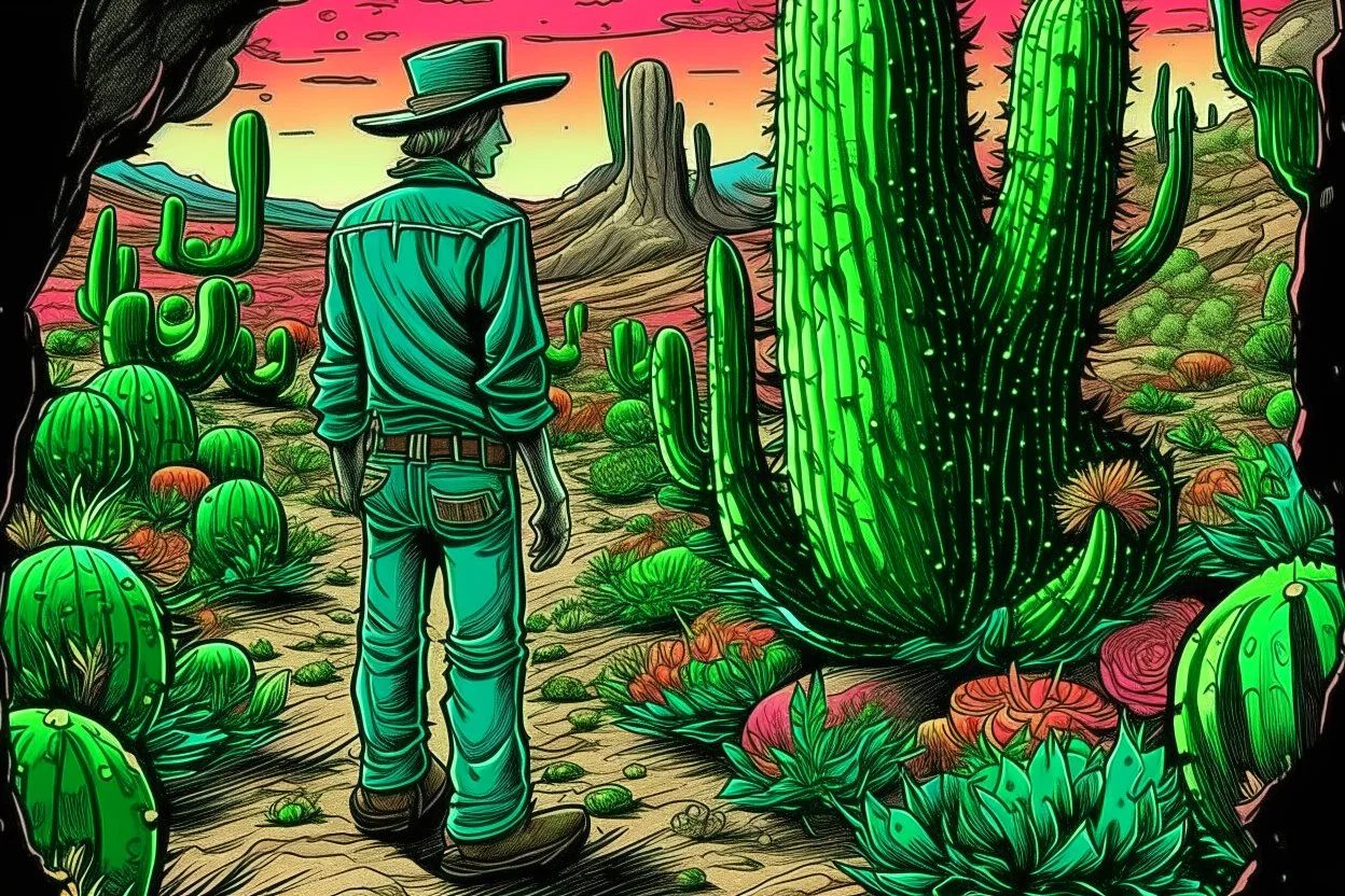 exquisite handcolored steel engraving captures. "Jamie, a footloose and self-absorbed young American, is traveling in Chile and is keen to experience the mysteries of a local hallucinogen — the mescaline-bearing San Pedro cactus." explosive contrast of brilliant colors. magical strokes, insanely detailed textures, complicated background, disturbing, scribbling. magical whimsical world. after Paul Gauguin. after Jacek Yerka. after Catrin Welz-Stein. black and gold, background in graphic and water