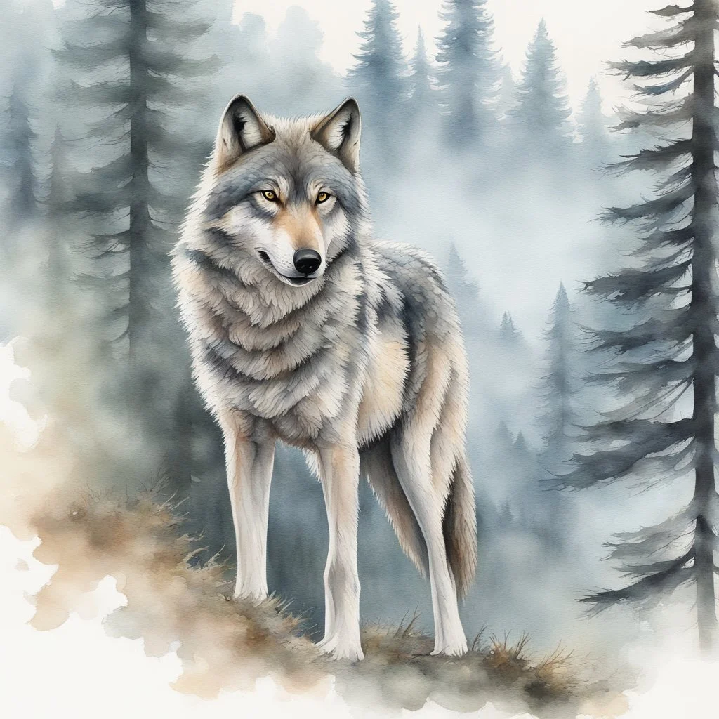 A mesmerizing painting that showcases the captivating beauty of a wolf. The wolf's body is intricately detailed, with its fur rendered in a myriad of textures and shades. At the center of the wolf's body, a stunning watercolor landscape unfolds, capturing the serene atmosphere of a foggy forest. Towering pine trees rise above the mist, their branches delicately outlined against the soft, green sky. A silhouette of a deer stands at the forest's base, gazing intently into the distance. The predomi