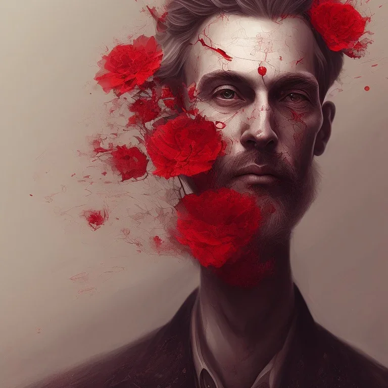 Extremely detailed portrait of man with a fading head into oblivion with red flower accents, digital painting.