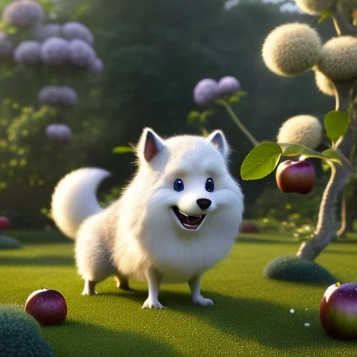 Woolitize, pixar style, volumetric summer garden environment and background, realistic painting of an apple, looking excited, detailed digital painting, extreme dense and fine fur, anime, ornate, colour-washed colors, elegant, small minutiae, tiny features, particulars, centered, smooth, sharp focus, renderman gofur render, 8k, uhd, detailed eyes, realistic shaded volumetric lighting, sunlight caustics, backlight, centered camera view