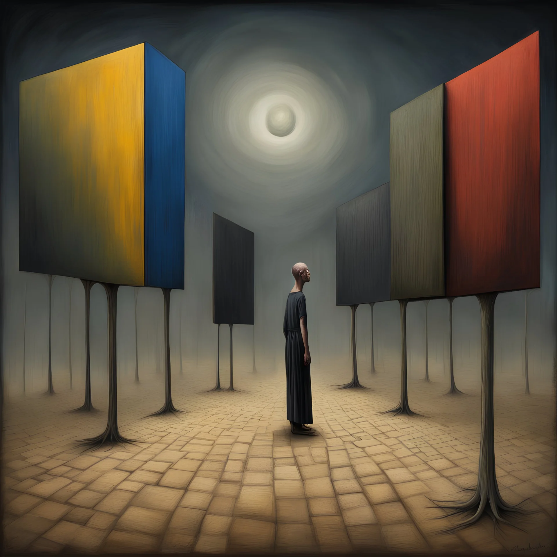 Asymmetric panels, Stages of grief and edges of desperation, creepy, style of Ben Goossens and Pawel Kuczynski and Colin McCahon, divorced from reality, metaphorical, sinister, primary colors