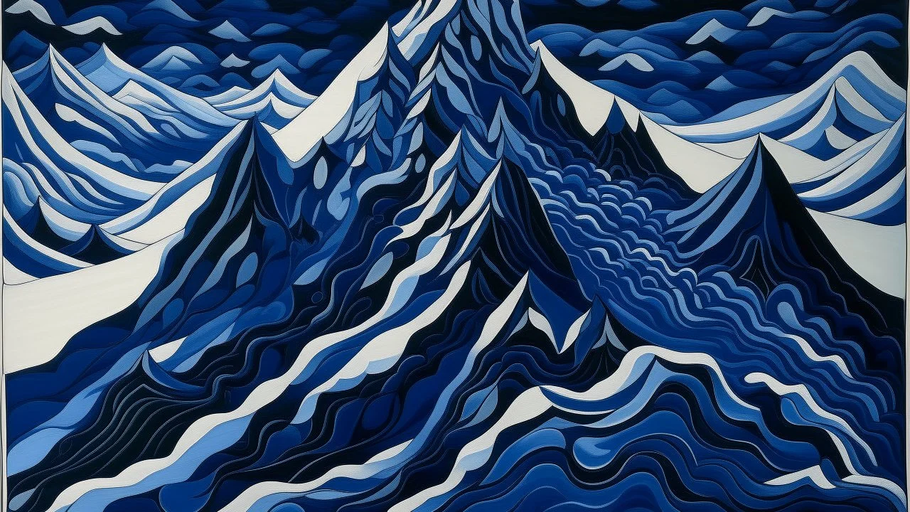 A dark blue frozen peak with chilly winds painted by MC Escher