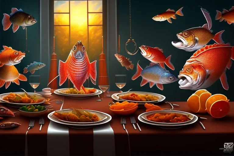 supper, fish sit at the table and eat pieces of people.