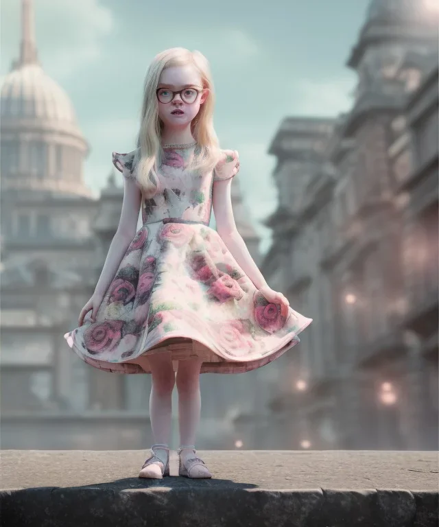 Elle fanning toddler, full body, city background, floral dress, dramatic lighting, hyper realistic