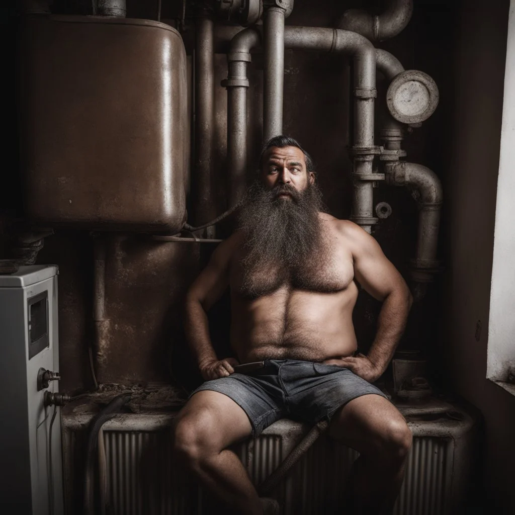 close up shot photography, ugly wet arab beefy plumber repairs boiler, burly, shirtless, hairy allover, manly chest, long beard, 42 years old, dressed in broken dirty boxer, big thighs, seen from below, frontal view, ambient occlusion, side light