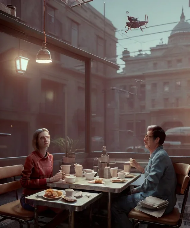 Realistic scene, American shot view, 0 gravity, levitating man and woman sitting in cafeteria and having breakfast, Wes Anderson, soft color, highly detailed, unreal engine 5, ray tracing, RTX, lumen lighting, ultra detail, volumetric lighting, 3d, finely drawn, high definition, high resolution.