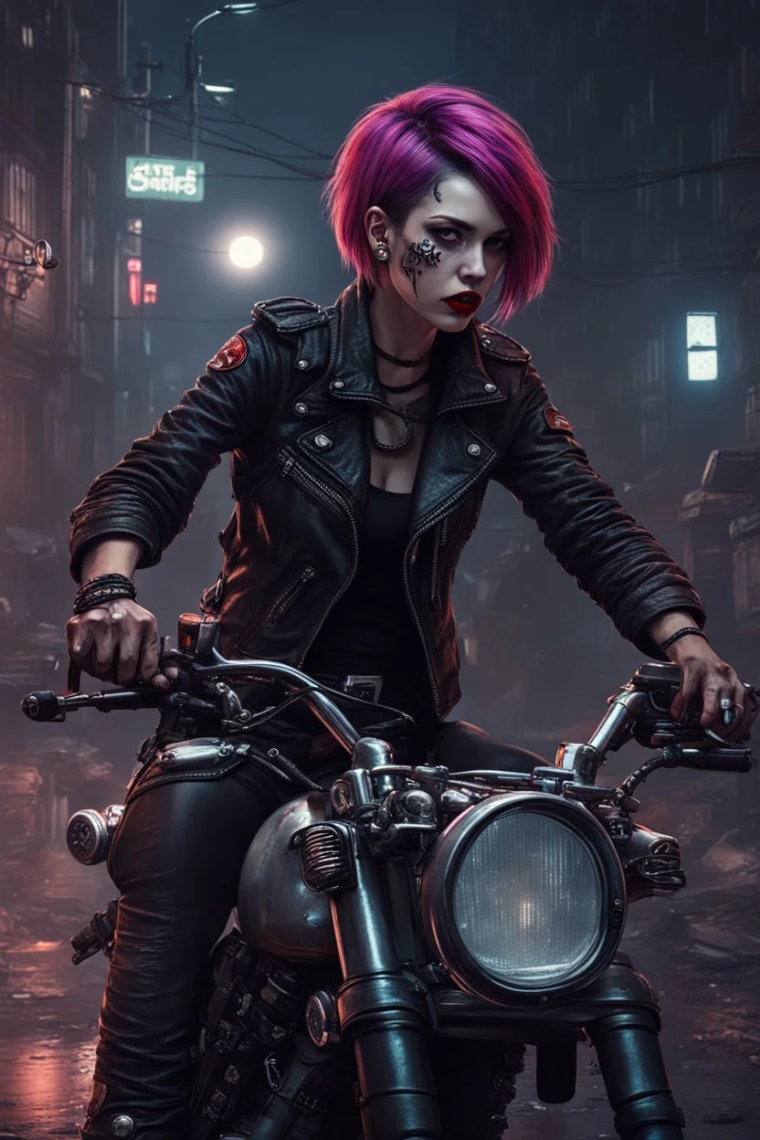 vampire girl showing fangs with short cropped cyberpunk hair riding a cafe racer motorcycle in a post apocalyptic city at night