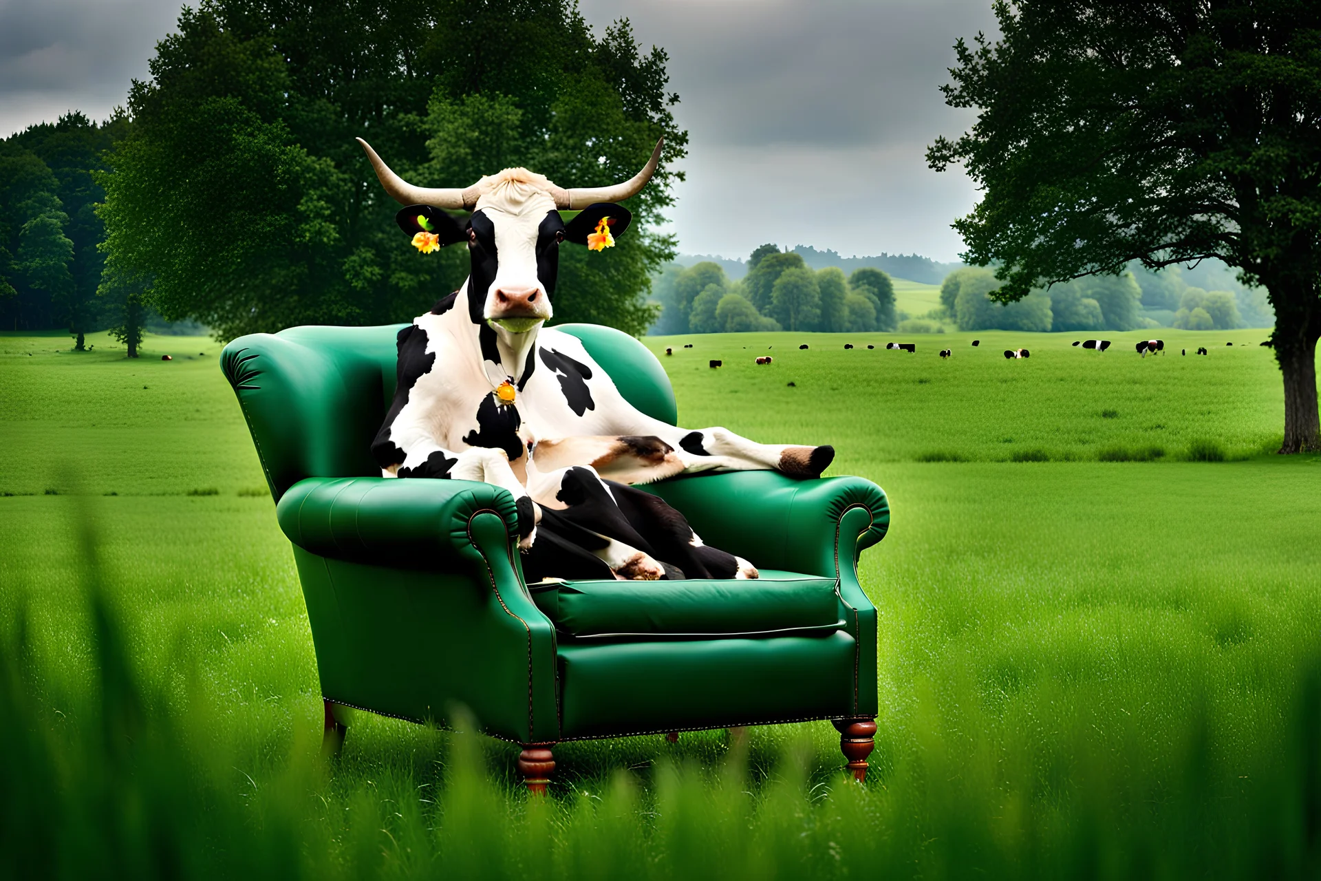 A cow sitting on an armchair in large green field